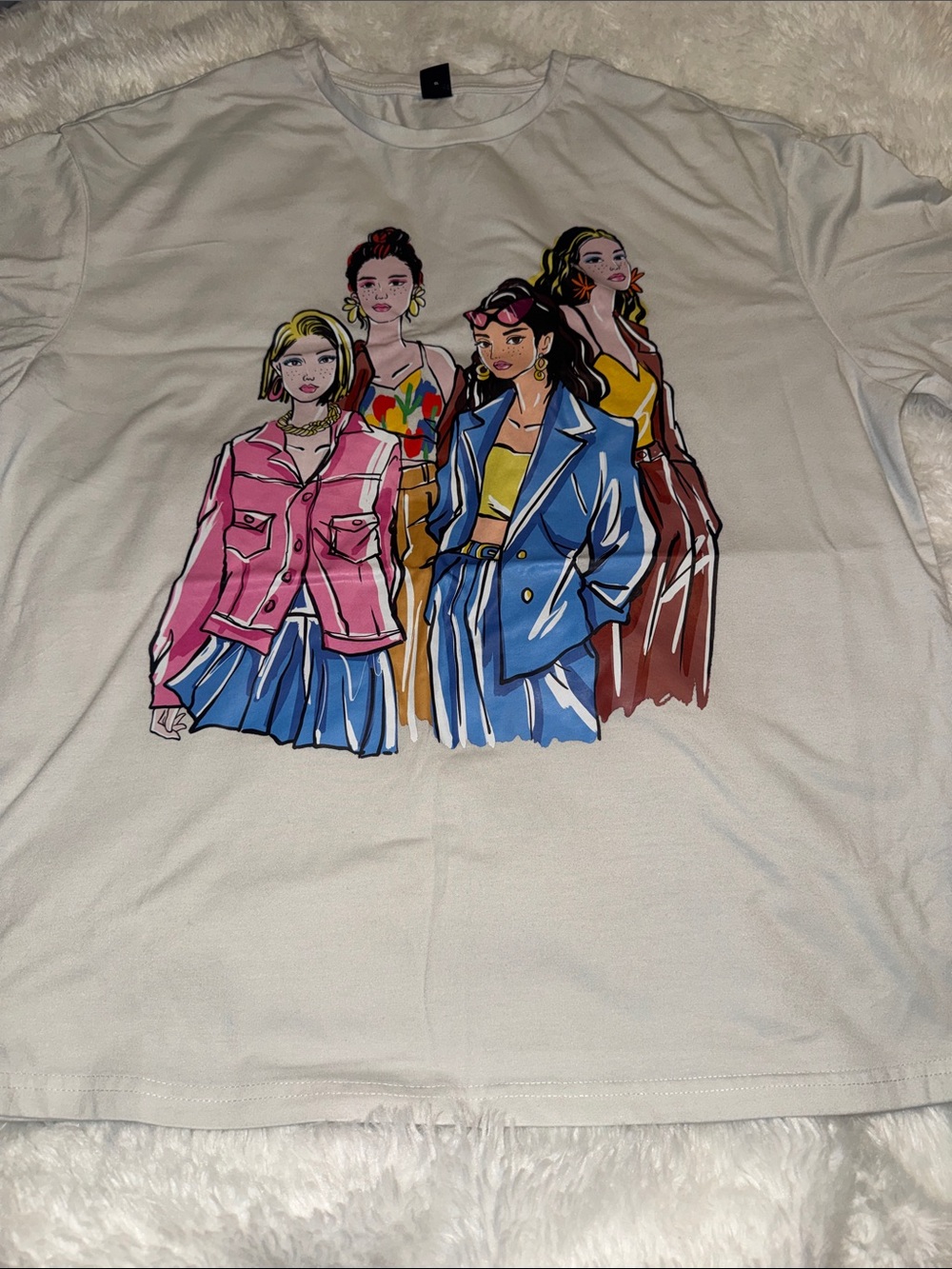 SHEIN White Short Sleeve Tee with Colorful Girl Graphic